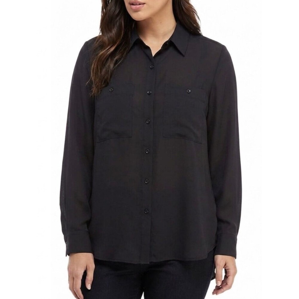 Comune  Black Long Sleeve Button Down Camp Shirt Womens Size Large Chest Pockets